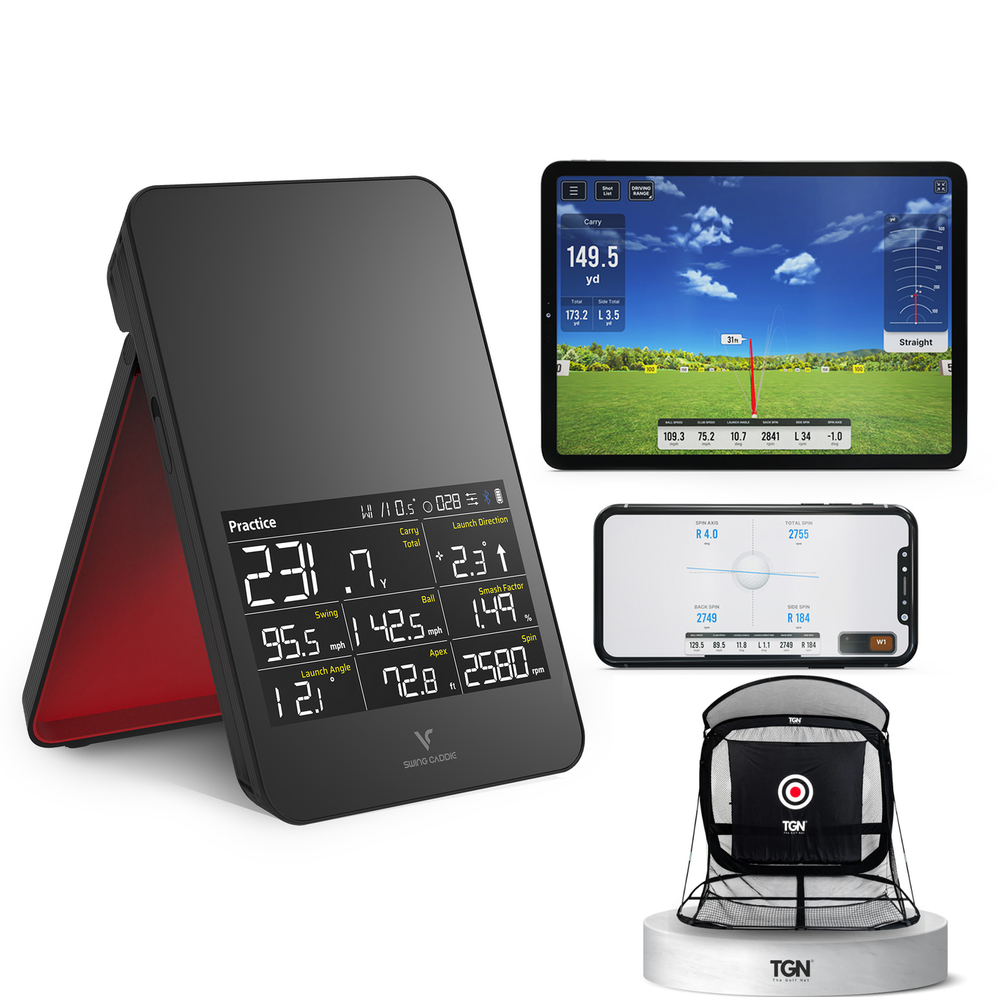 Pack Exclusif : Moniteur et Simulateur de Golf SC4 Pro avec filet TGN 7 et accessoires pour l'intérieur ou l'extérieur